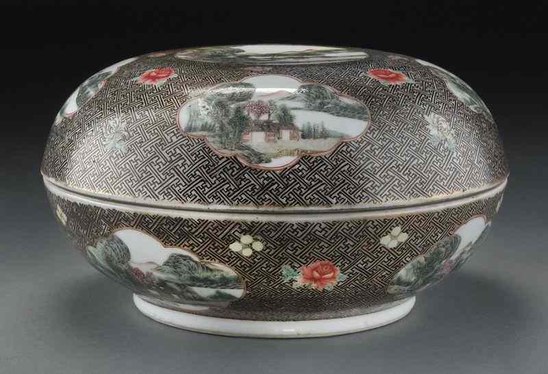 Appraisal: Chinese round porcelain boxdepicting landscapes and continuous greek key ''H