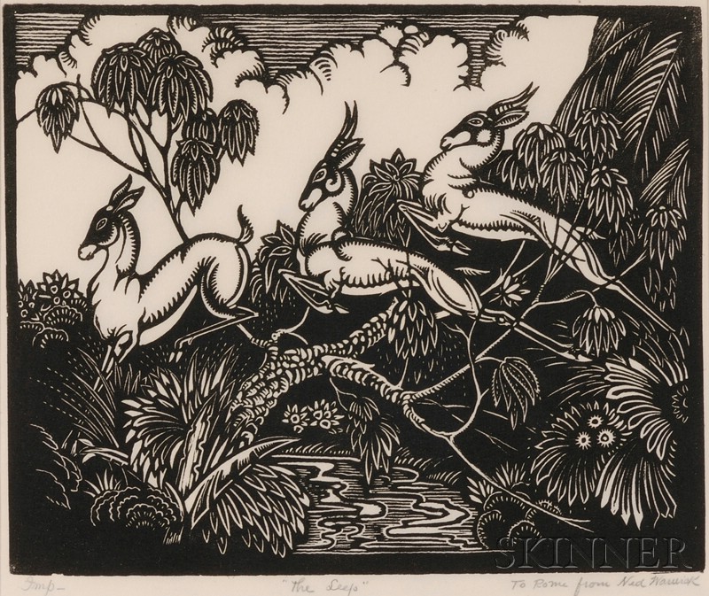 Appraisal: Decorative Woodblock Print depicting Leaping Gazelles by Ned Warwick th