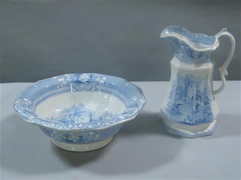 Appraisal: VICTORIAN BLUE AND WHITE TRANSFER PRINTED POTTERY EWER AND BASIN