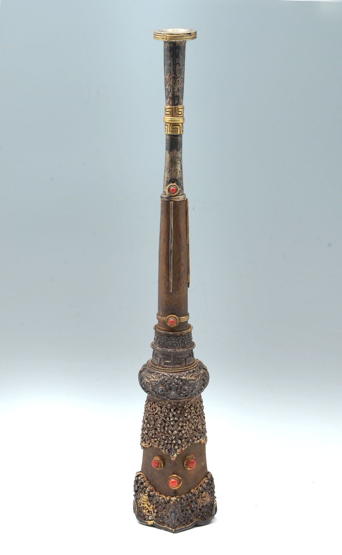 Appraisal: CHINESE TIBETAN BUDDHIST CEREMONIAL HORN Hand-hammered copper bodied Tibetan ceremonial