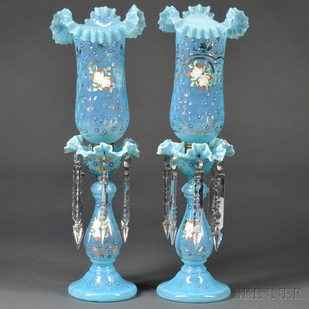 Appraisal: Pair of Bristol Glass Lamps with Shades England late th