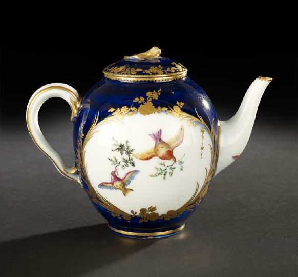 Appraisal: Sevres Bleu-du-Roi-Glazed Porcelain Teapot of ovoid form in Exotic Birds