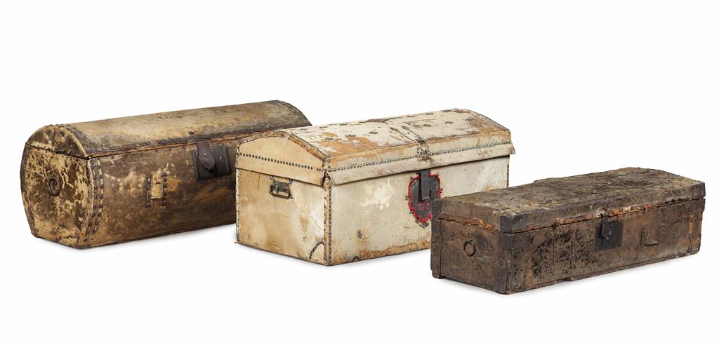 Appraisal: THREE DEERSKIN COVERED TRUNKS TH EARLY TH CENTURY of various