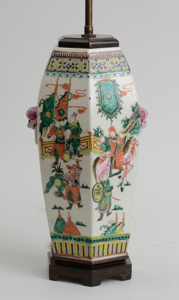 Appraisal: CHINESE FAMILLE VERTE HEXAGONAL BARREL-FORM VASE MOUNTED AS A LAMP