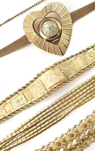 Appraisal: A collection of gold bracelets and watches including one k