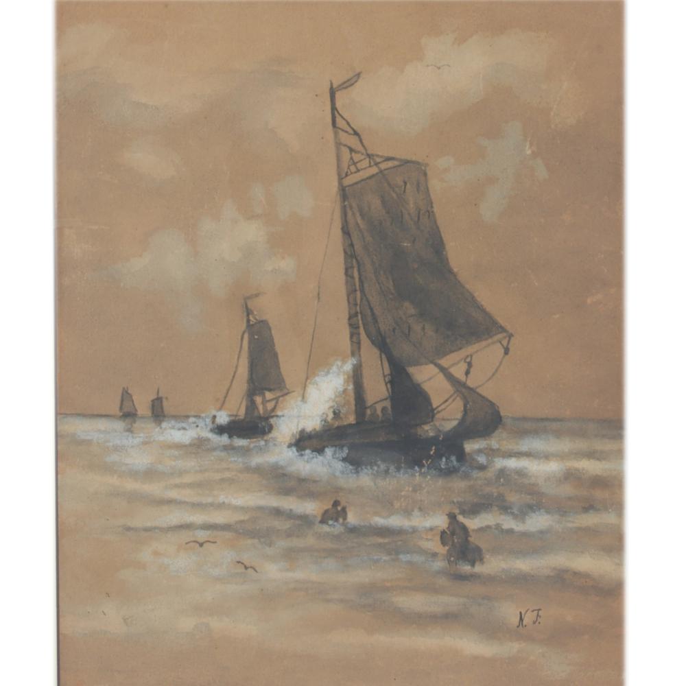 Appraisal: UNKNOWN SAILBOATS ON TURBULENT SEA WATERCOLOR ON PAPER SIGNED N