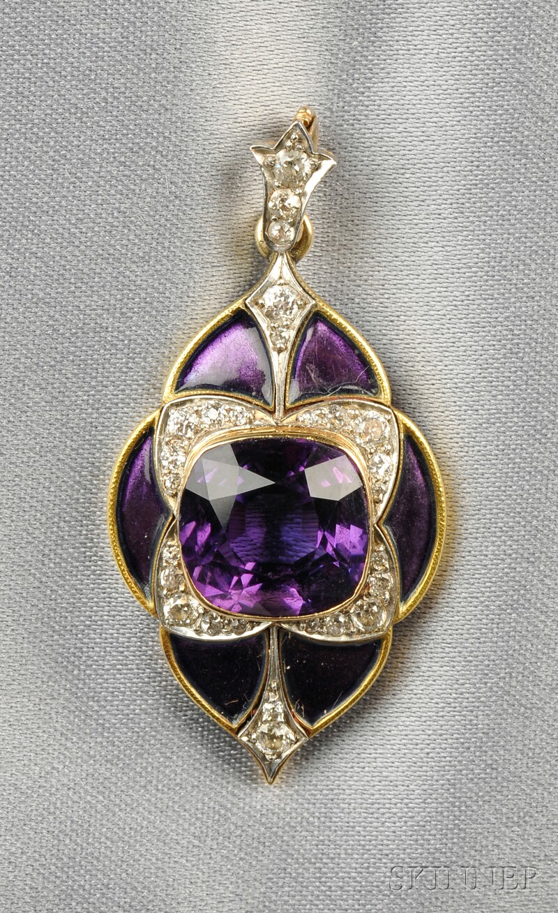 Appraisal: Edwardian kt Gold Amethyst Enamel and Diamond Pendant Marcus Co