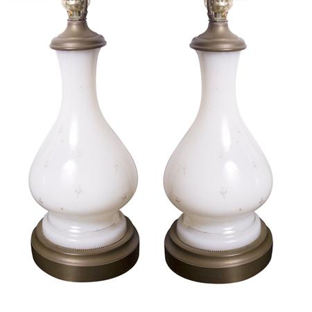 Appraisal: Pair of Gilt Decorated Milk Glass Lamps Estimate -