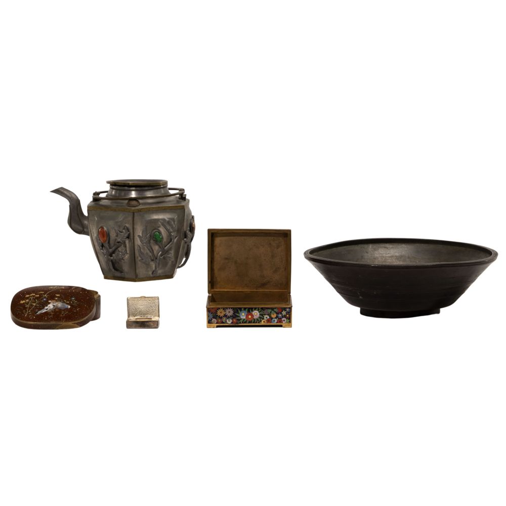 Appraisal: ASIAN METALWORK ASSORTMENT items including a Chinese pewter hexagonal teapot