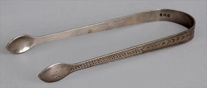 Appraisal: PAIR OF GEORGE III INITIALED SILVER SUGAR NIPS Peter Ann