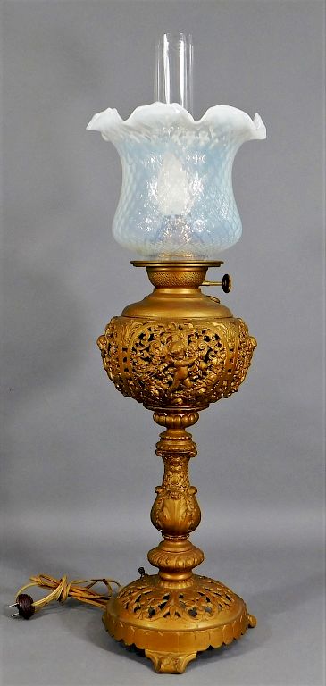 Appraisal: C Victorian Cast Metal Reticulated Banquet Lamp United States Late