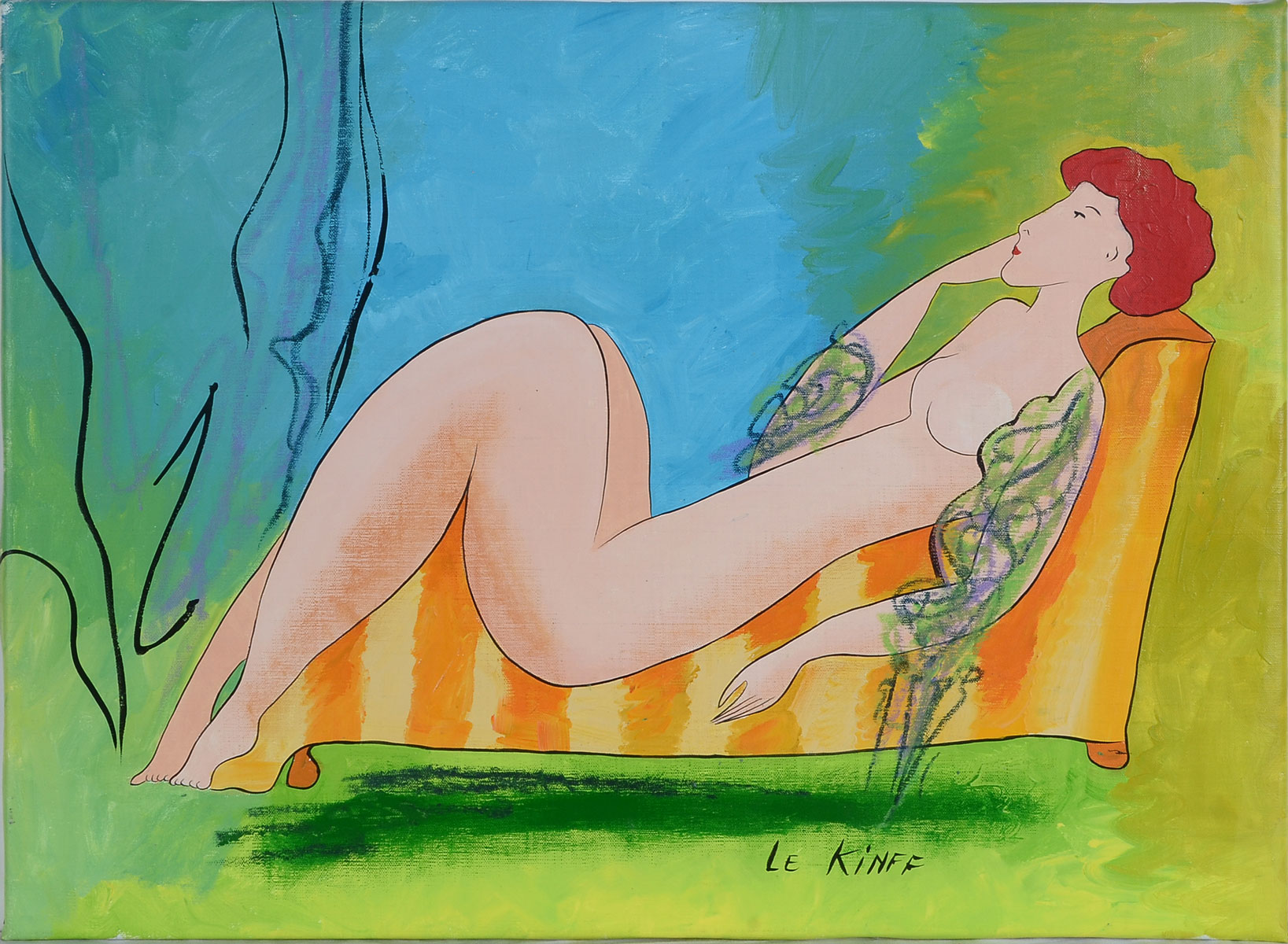 Appraisal: LE KINFF Linda French Reclining Red Head Nude Oil Canvas