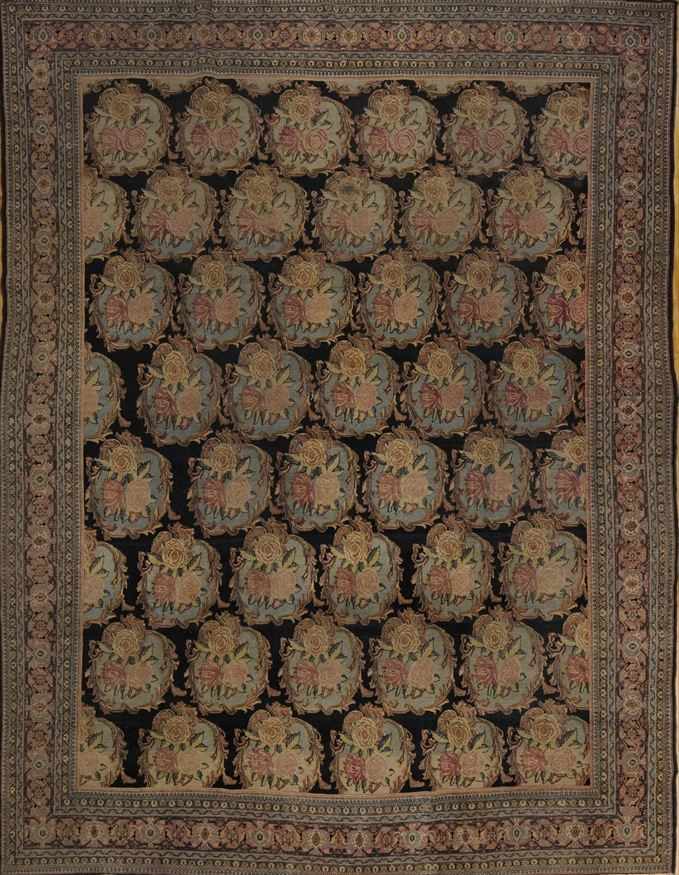 Appraisal: TABRIZ BLACK-GROUND CARPET Worked with rows of triple rose clusters