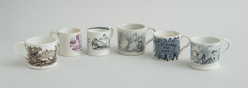 Appraisal: GROUP OF SIX STAFFORDSHIRE TRANSFER-PRINTED CHILD'S MUGS Comprising 'November' 'The