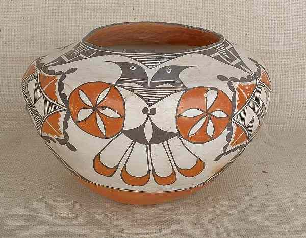 Appraisal: Acoma pottery bowl with bird and hex decoration h dia