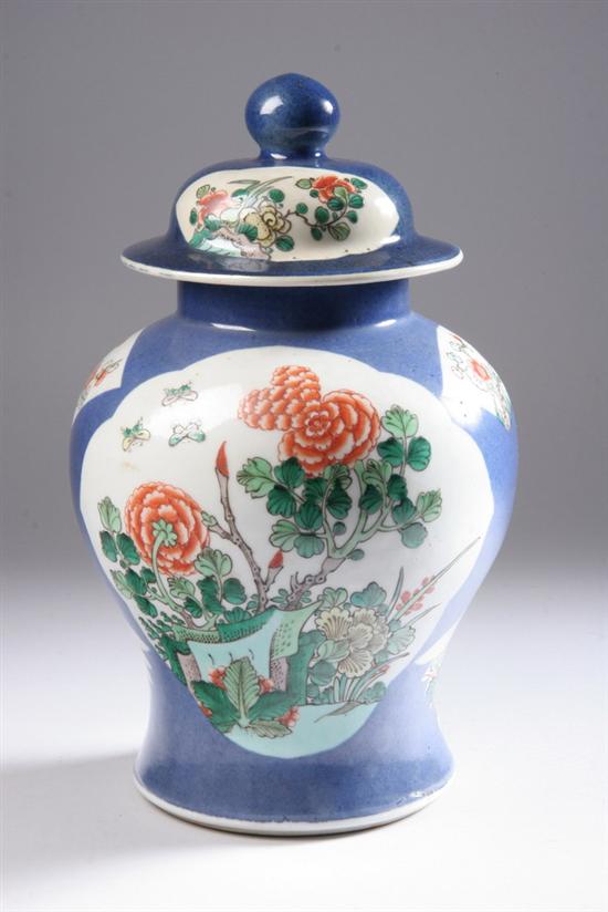 Appraisal: CHINESE FAMILLE VERTE PORCELAIN VASE AND COVER Qing Dynasty Baluster-form