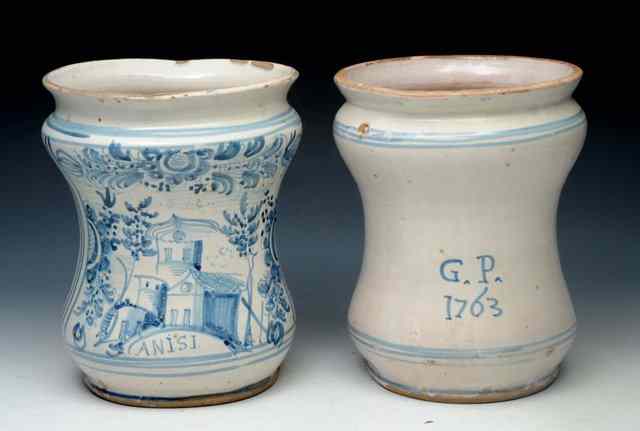 Appraisal: A PAIR OF ITALIAN BLUE AND WHITE GLAZE POTTERY ALBARELLO