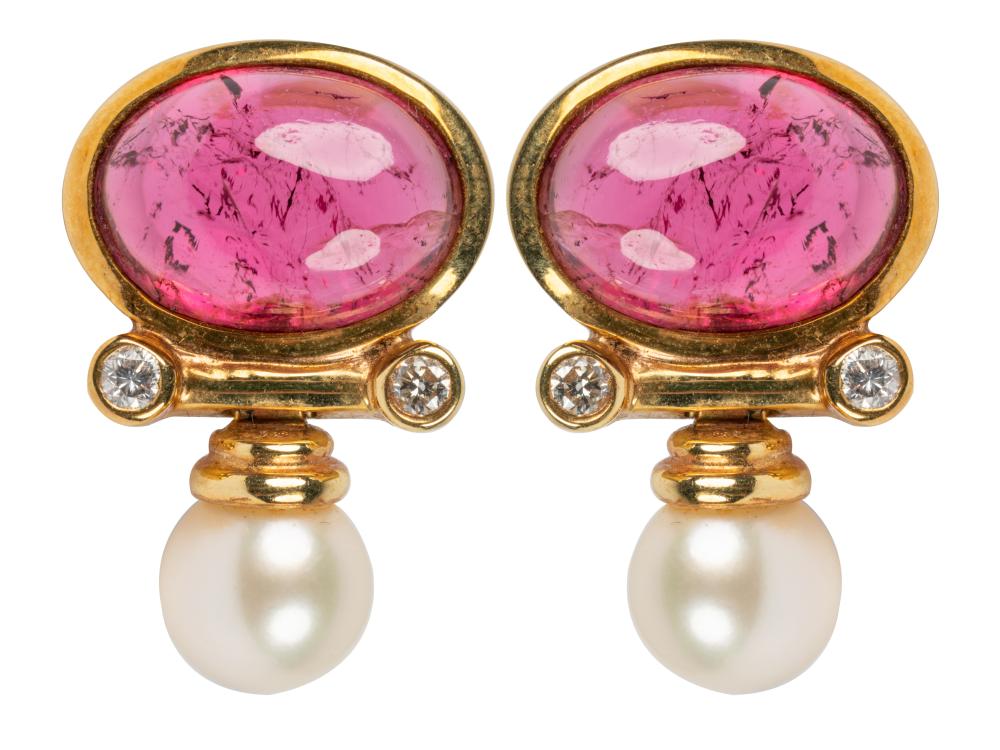 Appraisal: PAIR OF KARAT YELLOW GOLD PINK TOURMALINE PEARL EARRINGScontaining two