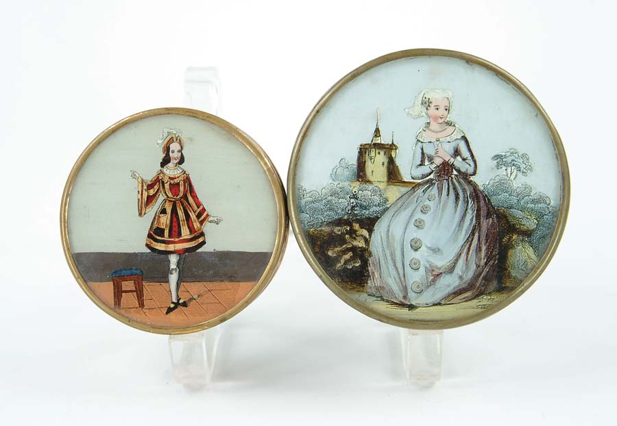 Appraisal: TWO TH CENTURY ROUND LADIES BOXES Boxes have reverse painted