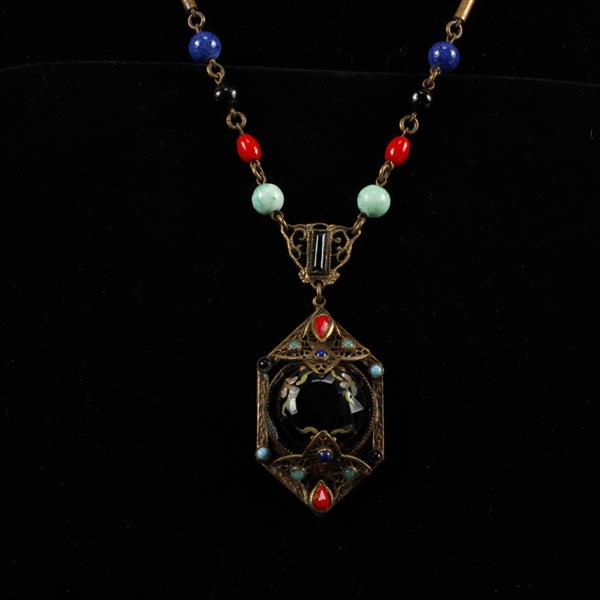 Appraisal: Czech Art Deco Multi Color Glass Beaded Necklace with Enameled