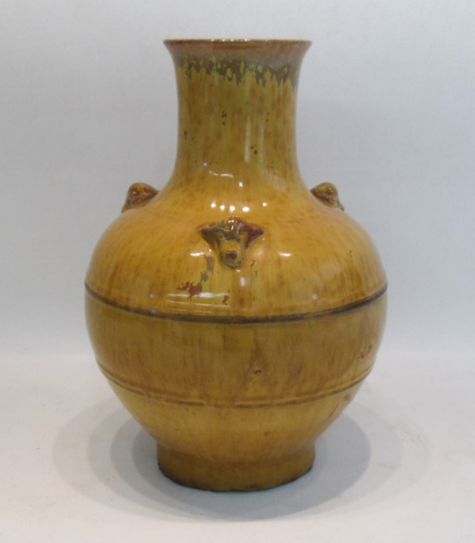 Appraisal: CHINESE YELLOW CRYSTALINE GLAZED POTTERY VASE with high-shoulder bulbous body