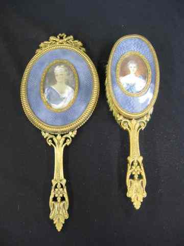 Appraisal: French Bronze Enameled Mirror Brushwith miniature portraits on ivory of