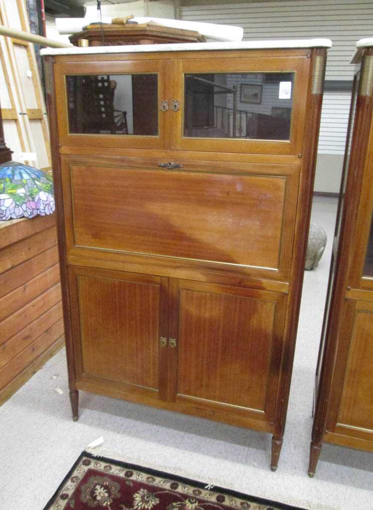 Appraisal: LOUIS XVI STYLE MARBLE-TOP MAHOGANY CABINET SECRETARY Belgian mid- th