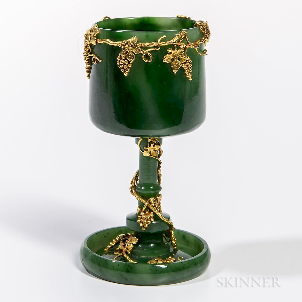 Appraisal: Jade and Gilt Wine Goblet Jade and Gilt Wine Goblet