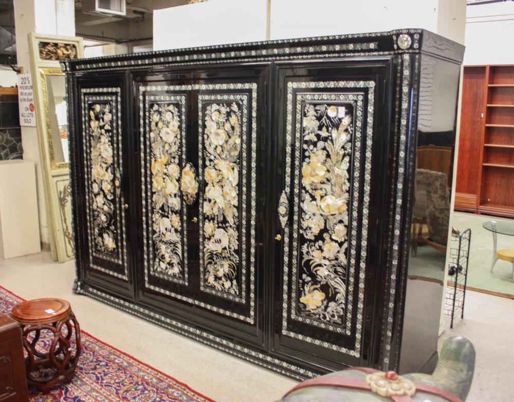 Appraisal: LARGE MOTHER-OF-PEARL INLAID BLACK LACQUER WARDROBE Korean th century having