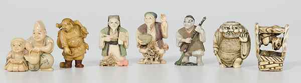 Appraisal: Polychrome Ivory Netsukes Plus Japan An assembled group of seven