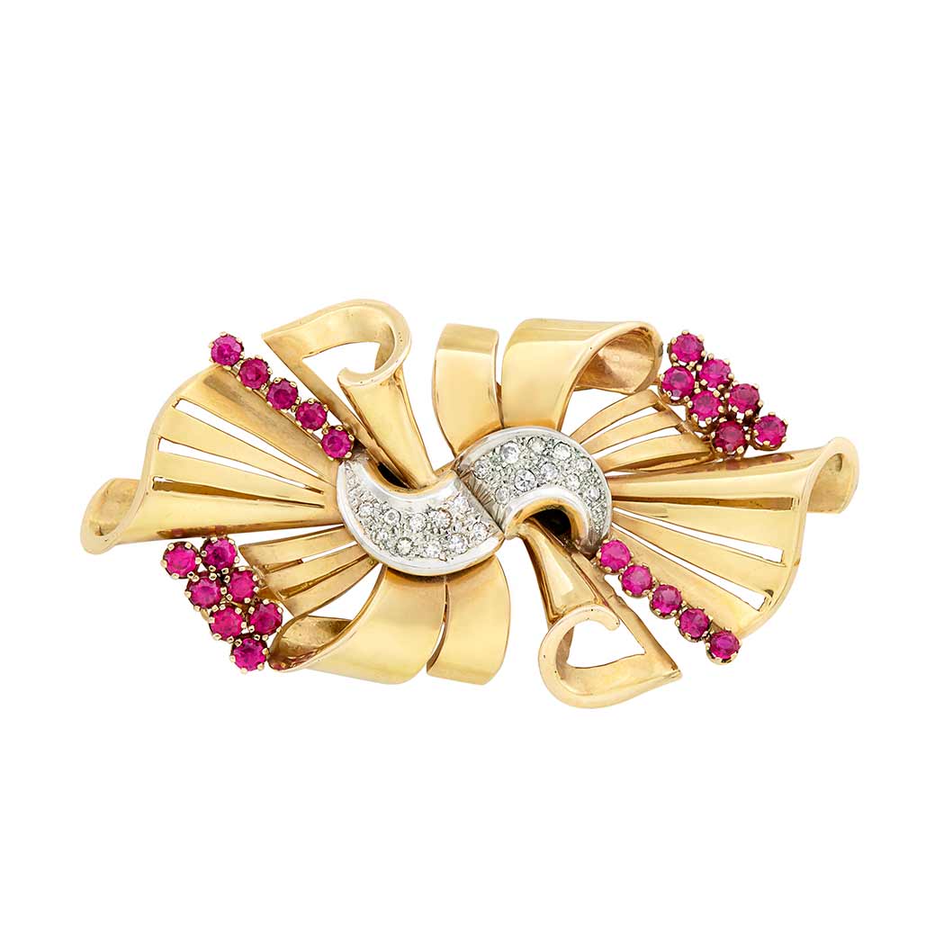 Appraisal: Gold Diamond and Synthetic Ruby Double Clip-Brooch Single-cut diamonds c