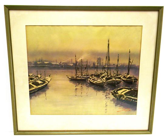 Appraisal: Pedro Sancho Fauste Spanish - ''Puerto de Barcelona'' sepia watercolor