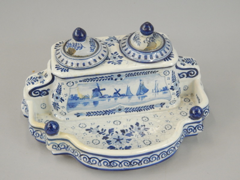 Appraisal: A Delft ink stand with two wells each with a