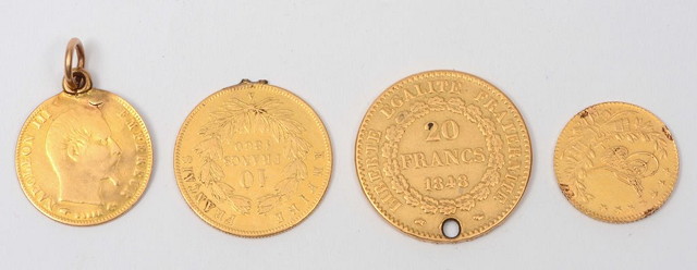 Appraisal: THREE FRENCH GOLD COINS five francs ten francs and twenty