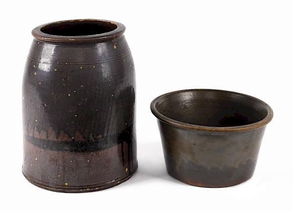 Appraisal: Redware crock th c with manganese drip decoration '' h