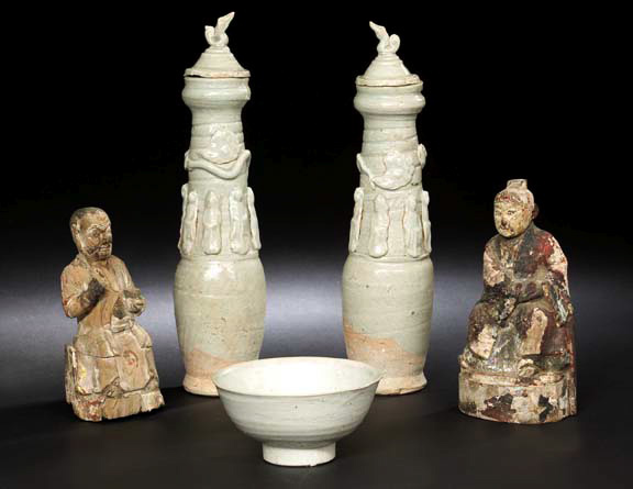 Appraisal: Pair of Chinese Ying Qing Celadon Funerary Jars and Covers