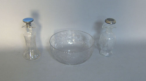 Appraisal: Hawkes etched glass oil and vinegar together with a bowl