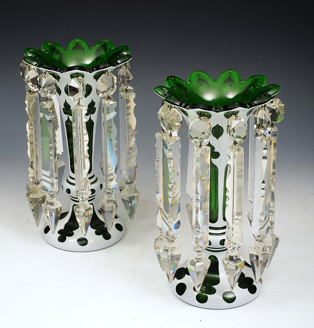 Appraisal: A PAIR OF VICTORIAN FLASH GLASS LUSTRES enamelled white on