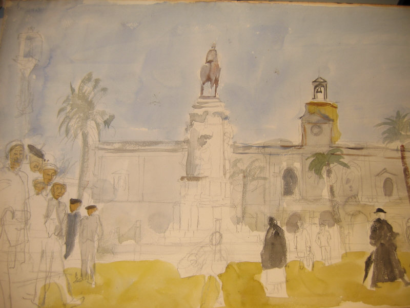 Appraisal: AMERICAN SCHOOL Continental plaza scene with figures graphite and watercolor