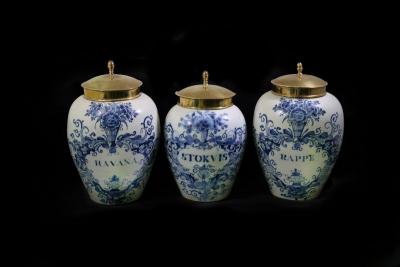 Appraisal: Three small Delft tobacco jars late th Century with brass