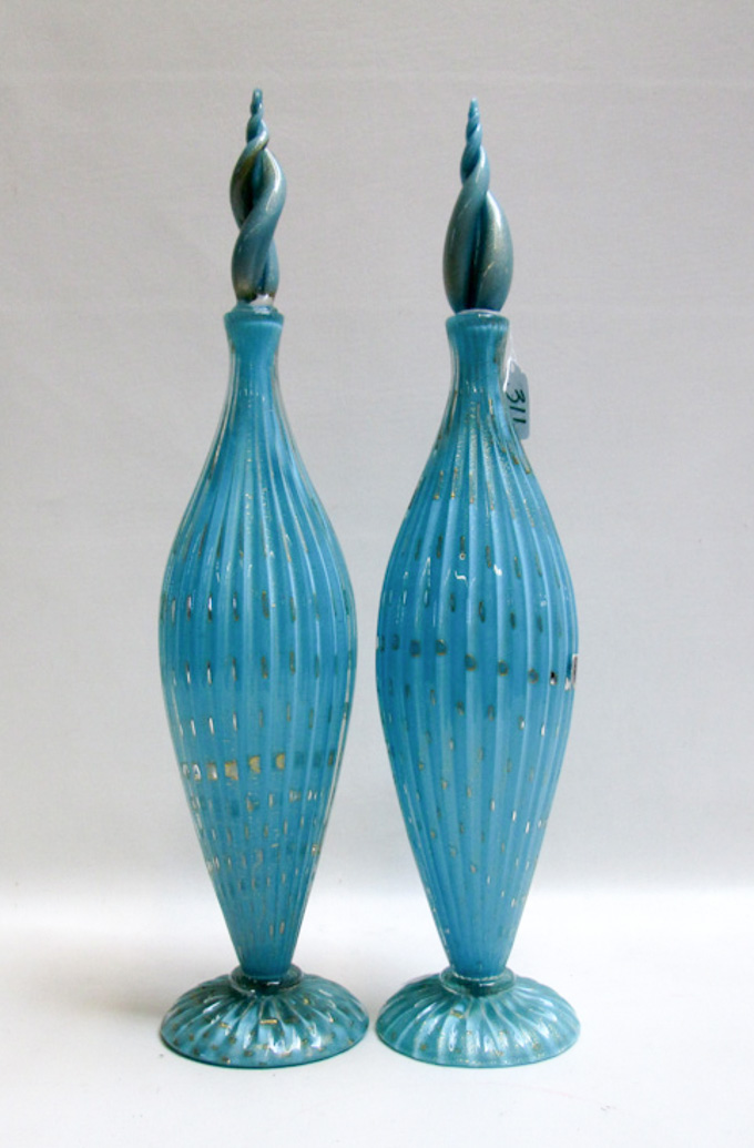 Appraisal: PAIR MURANO ART GLASS BOTTLES tall footed baluster form bottles