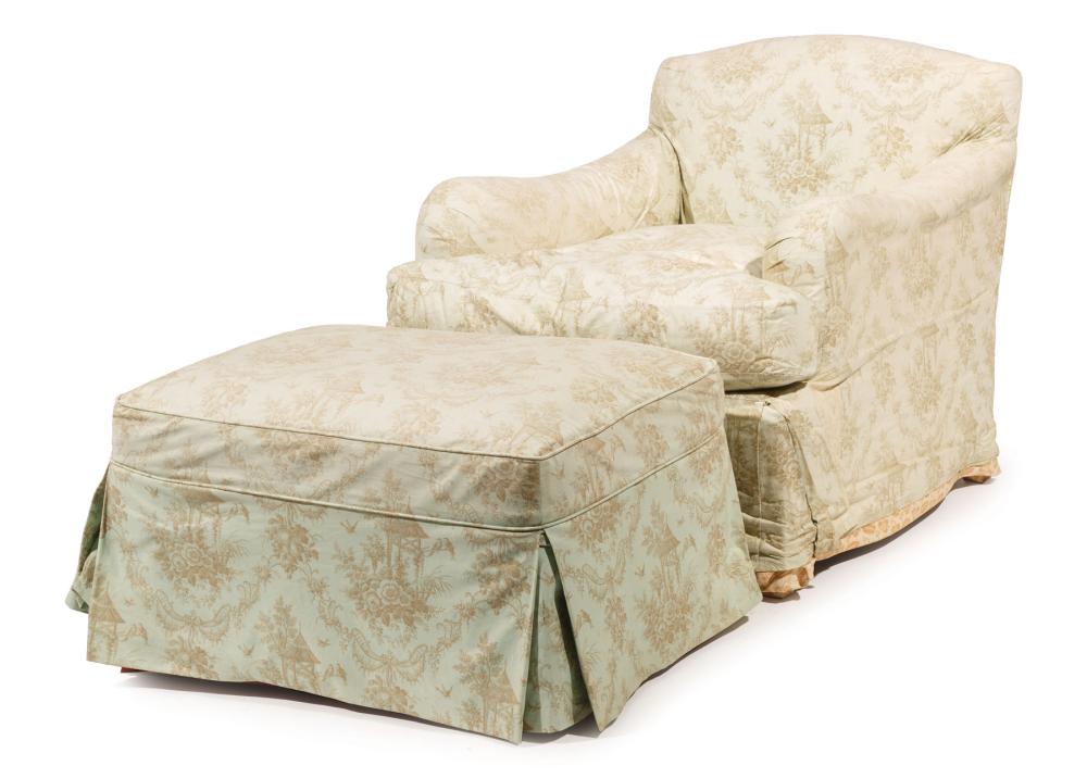 Appraisal: Toile de Jouy Club Slipcovered Chair and Ottoman chair h