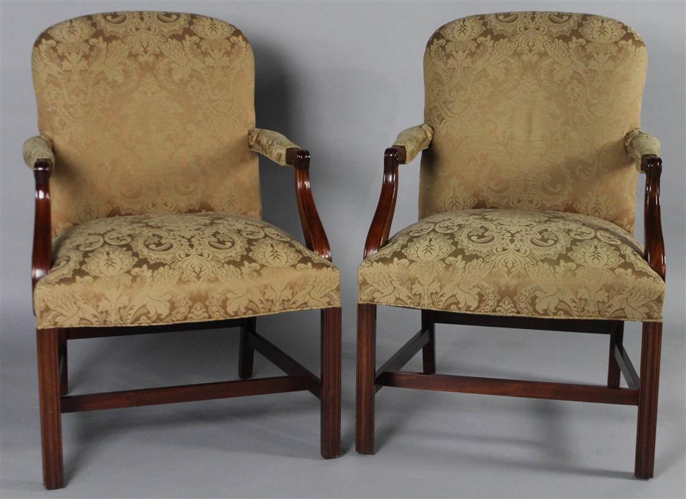 Appraisal: PAIR OF HICKORY CHAIR TOFFEE DAMASK UPHOLSTERED ARM CHAIRS having