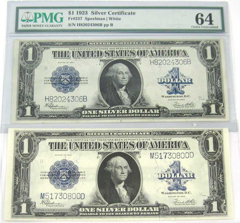 Appraisal: TWO ONE DOLLAR SILVER CERTIFICATES both large size series FR