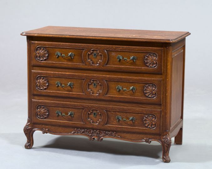 Appraisal: Provincial Louis XV-Style Oak Three-Drawer Commode the drawers with shell