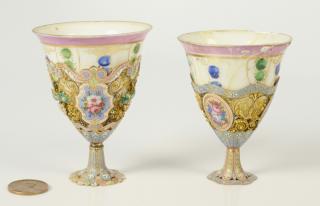 Appraisal: Pair Enameled Filigree Zarf Cups Two Swiss gold and enamel