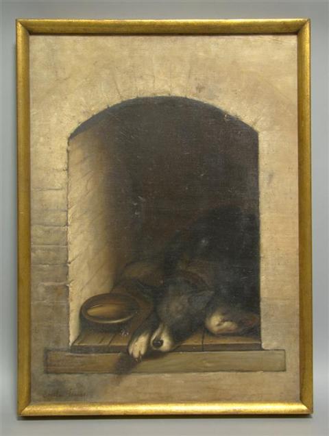 Appraisal: EMILIE PREUSS SLEEPING DOG along with another work Oil on