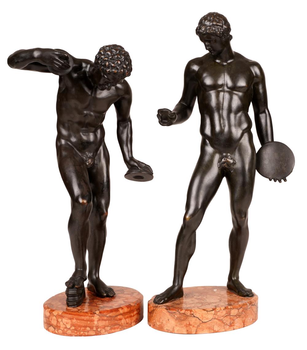 Appraisal: PAIR OF CLASSICAL-STYLE PATINATED BRONZE FIGURESeach mounted to a marble