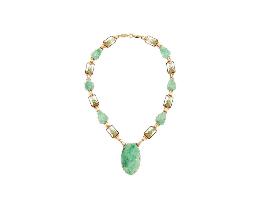 Appraisal: K Gold Carved Jadeite and Enamel Necklace by Enos Richardson