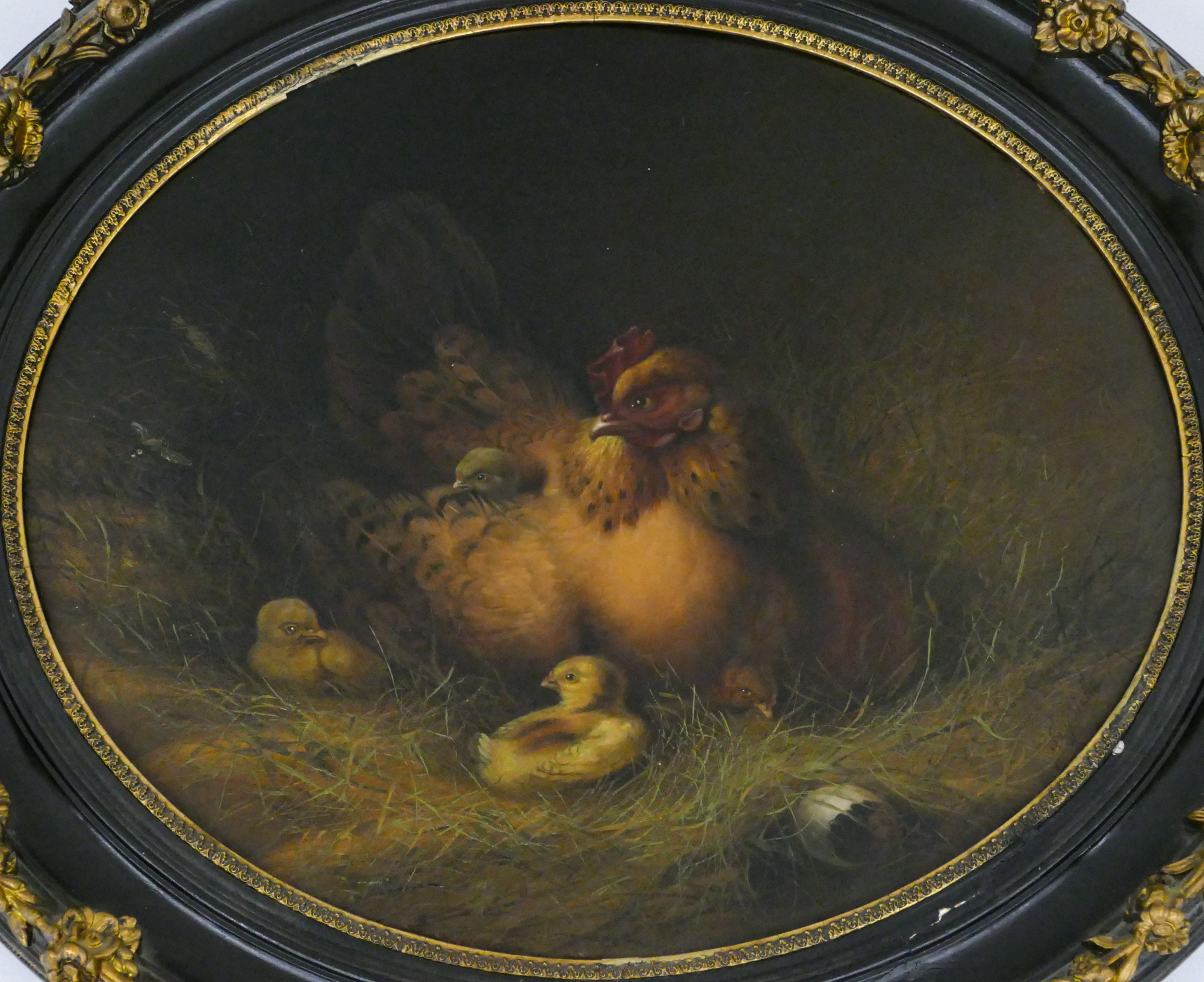 Appraisal: Antique European Rooster Hen with Chicks Oil on Canvas ''x